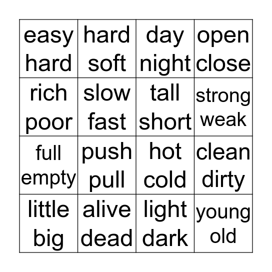 OPPOSITES Bingo Card