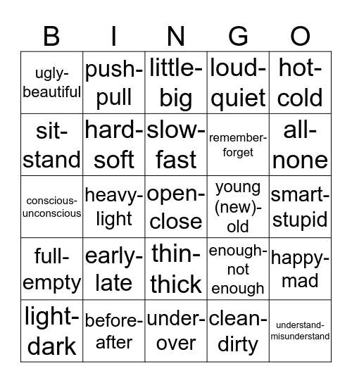 OPPOSITES Bingo Card