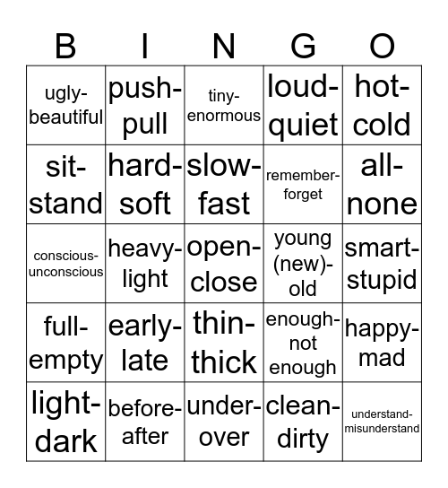 OPPOSITES Bingo Card