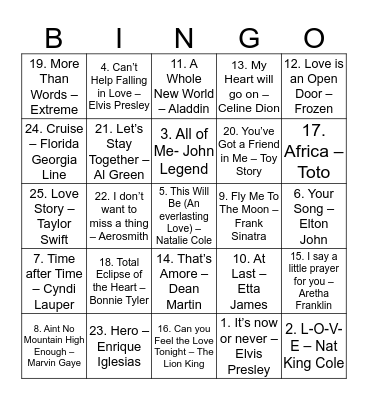 Song Bingo Card
