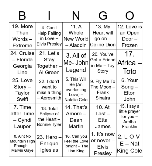 Song Bingo Card