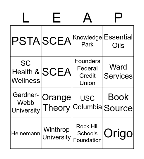 ProfLearning Conference Business Vendors Bingo Card