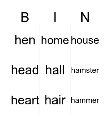 "h" sound BINGO Card