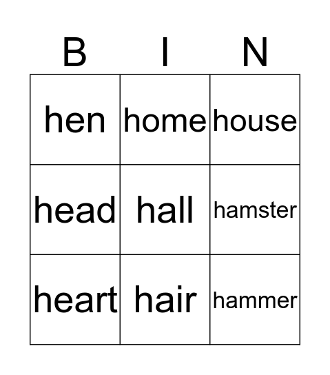 "h" sound BINGO Card