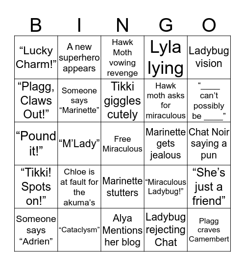 Miraculous Ladybug Bingo Card