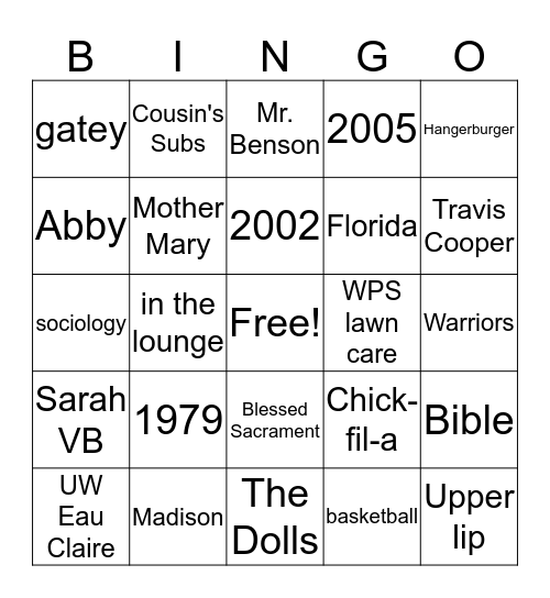 Mary's Life Bingo  Bingo Card