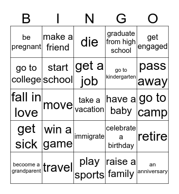 LIFE EVENTS Bingo Card