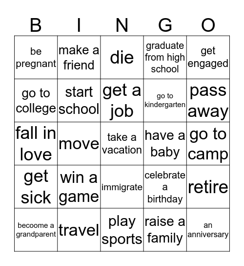 LIFE EVENTS Bingo Card