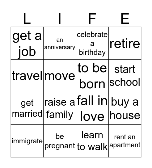 LIFE EVENTS Bingo Card