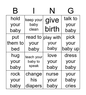 TAKING CARE OF YOUR BABY Bingo Card
