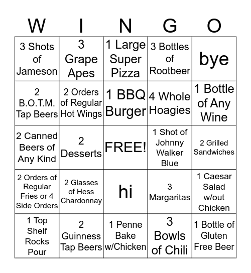 Carbone's Wingo Bingo Card