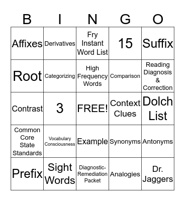 VOCABULARY  Bingo Card