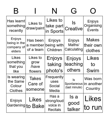 Getting to know you Bingo Card