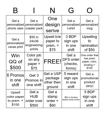 Copy Center Bingo Card