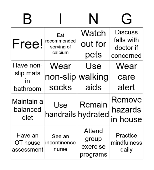 Falls Prevention Bingo Card