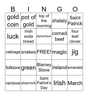 Saint Patrick's Day Bingo Card