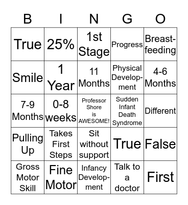 Infant Development Bingo Card