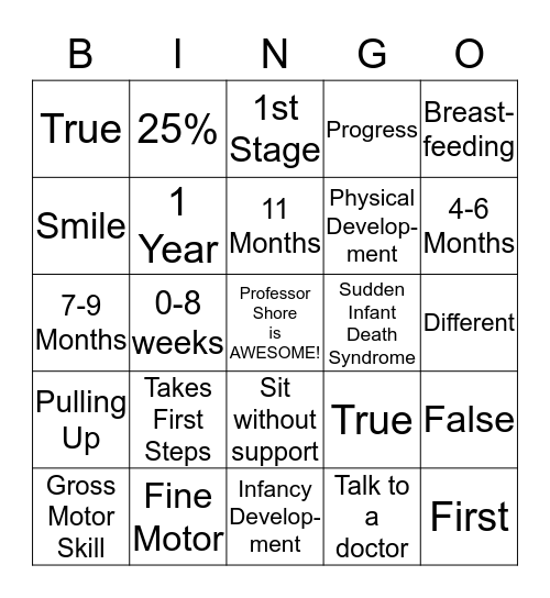 Infant Development Bingo Card