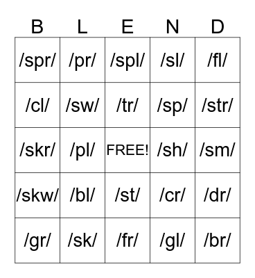 Consonant Blends Bingo Card