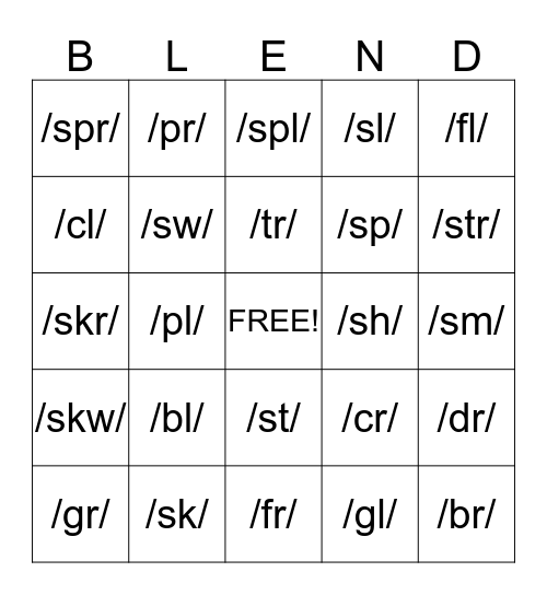 Consonant Blends Bingo Card