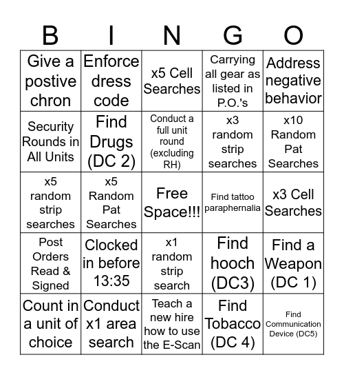 2nd Shift Security Bingo Card
