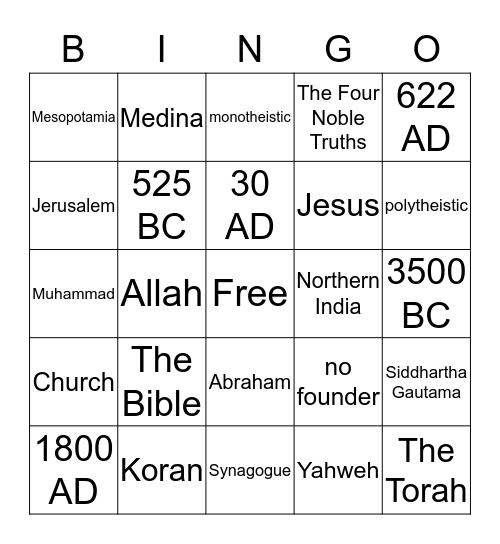 World Religions Bingo Card