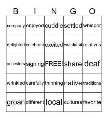 Theme -  Friends and Family Bingo Card