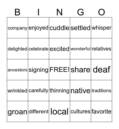 Theme -  Friends and Family Bingo Card