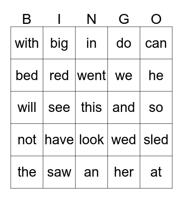 Sight Words Bingo Card