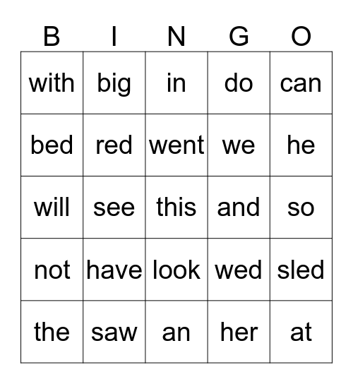 Sight Words Bingo Card