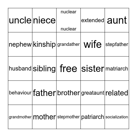 Family Words Bingo Card