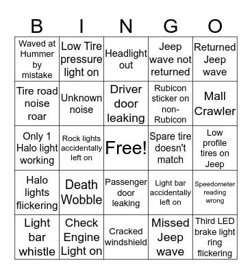 Jeep Bingo Card