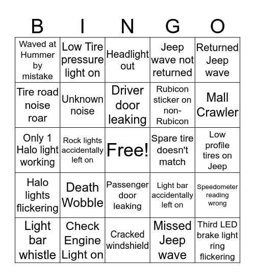 Jeep Bingo Card