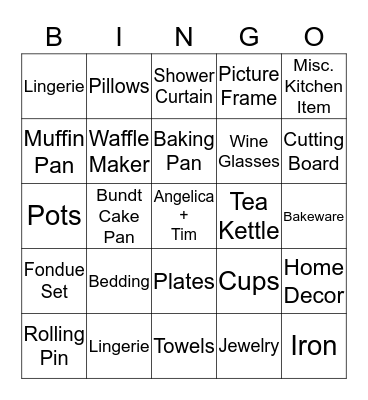 Angelica's Bridal Shower Bingo Card
