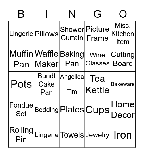 Angelica's Bridal Shower Bingo Card