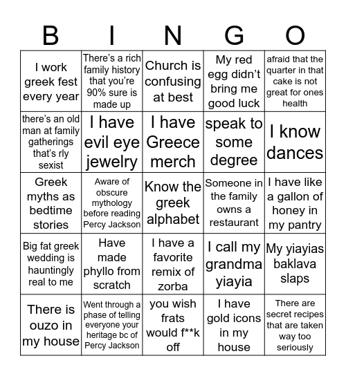 greek bingo  Bingo Card