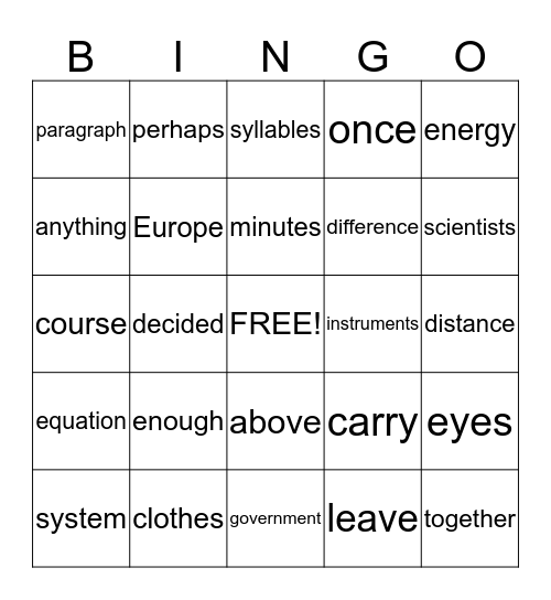 Sight Word Bingo Card