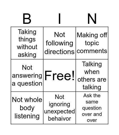Expected Behavior Bingo Card