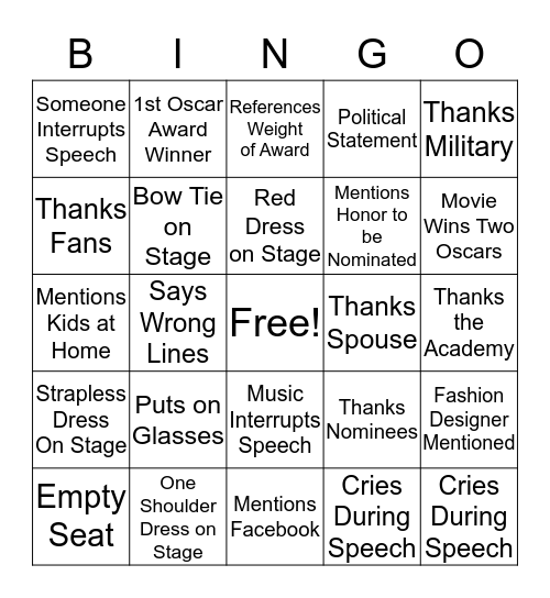 Hollywood Theme Bingo Card