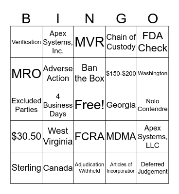 Employment Screening Bingo Card