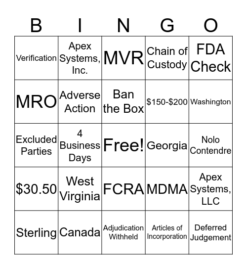 Employment Screening Bingo Card