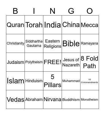 Religions Bingo Card