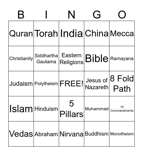 Religions Bingo Card