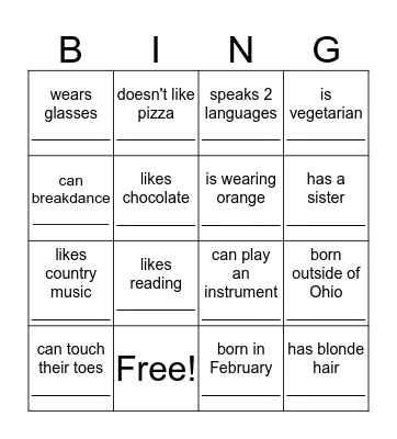 Get to know you Bingo Card