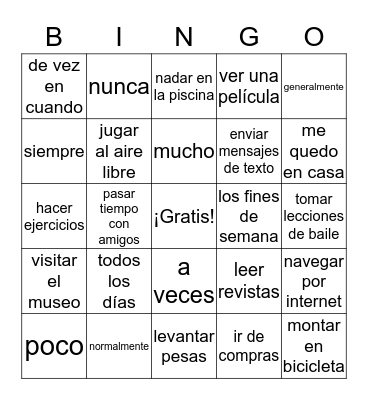 Lugares y Actividades Bingo Card