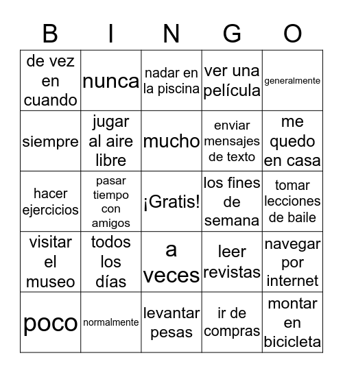 Lugares y Actividades Bingo Card