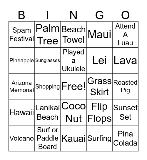 Hawaiian Bingo Card