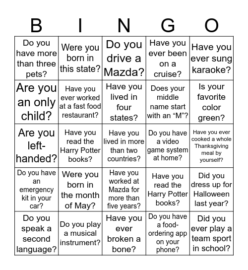 Mazda Pride Point Bingo Card