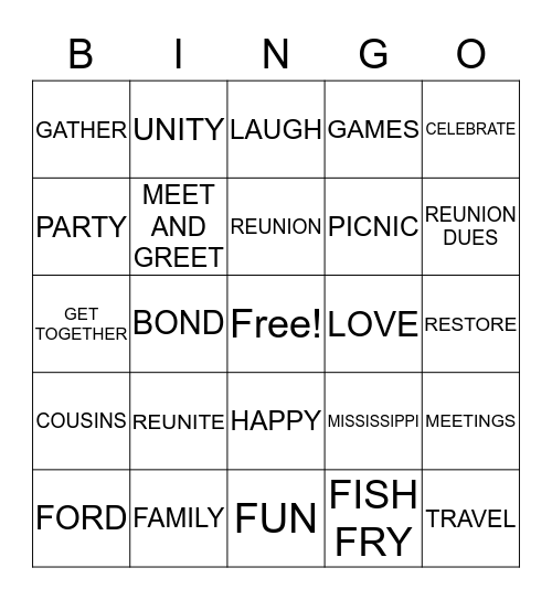 FORD FAMILY 1st ANNUAL FAMILY REUNION Bingo Card