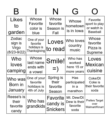 Getting to know your coworkers BINGO Card